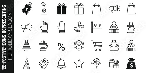 Set of 28 black and white line art icons representing festive holiday season shopping and winter celebration elements