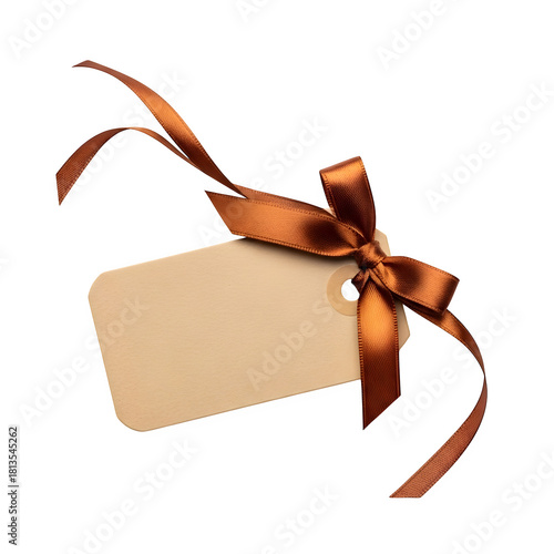 Blank gift tag with brown satin ribbon bow, space for your message isolated on transparent background