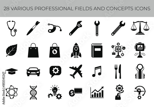 Collection of 28 various professional fields and concepts icons representing medicine, science, business, travel, and more, isolated on