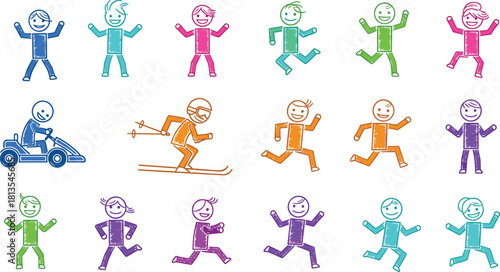 Colorful hand drawn stickman character set, happy stick figures running, jumping, skiing and driving, active lifestyle vector illustration collection.