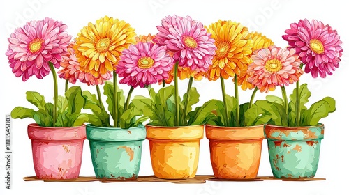 Colorful Gerbera Daisies In Pots Against White Background Displaying Botanical Floral Beauty