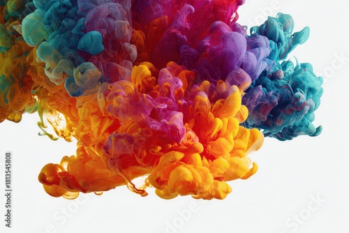 Colorful Ink Cloud Explosion on White Background with Vivid Blue Purple Pink and Orange Hues Creating Abstract Artistic Motion Optimized for Stock