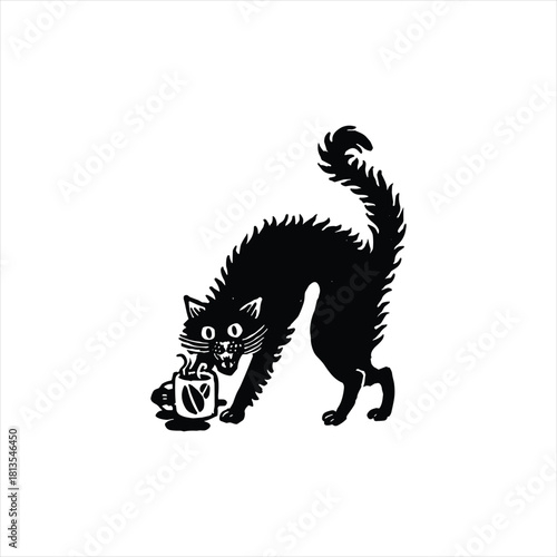 Spooky black cat protects morning coffee with vintage Halloween charm for unique graphic designs and seasonal promotions