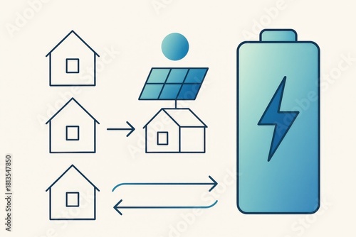Sustainable energy flow between residential homes utilizing solar panels and battery storage creating a self sufficient energy ecosystem driven by modern technology