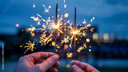 Close up of hands holding bright sparkling fireworks at dusk with a blurred background of buildings and sky