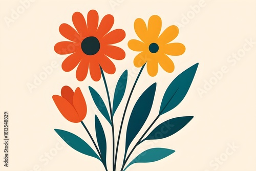 Vector Flowers in Orange, Yellow, Green presents a modern, floral design. Use as a branding backdrop, poster, or website.