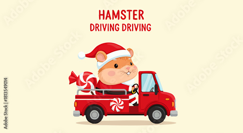 Cartoon hamster wearing a Santa hat driving a red pickup truck filled with candy canes.