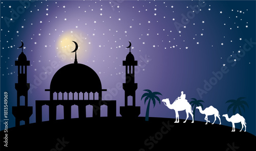A silhouette of a mosque with minarets, a crescent moon, and camels under a starry night sky.