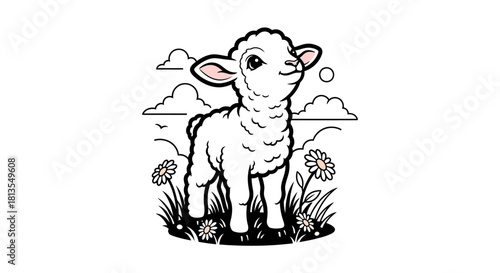 A cute lamb stands in a field of flowers, with clouds and a sun in the background.