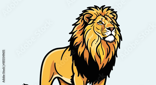 Illustration of a golden lion with a black mane standing against a light blue background.