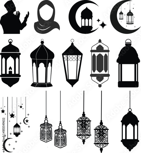 Eid mubarak arab islamic fanous lantern or ramadan lamp silhouettes. Isolated vector ornate lamps, symbol of holiday joy and celebration. They illuminate homes and streets, adding a festive ambiance