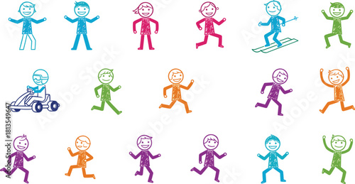 Hand drawn colorful stickman set, funny doodle figures running, jumping, skiing and driving, happy active lifestyle vector illustration.