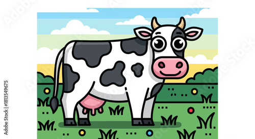 Cartoon illustration of a black and white cow standing in a grassy field with a blue sky.
