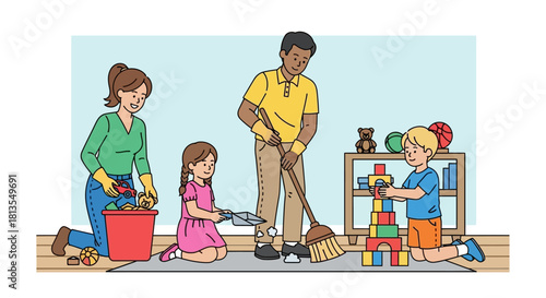 Family cleaning up toys and sweeping the floor in a playroom.