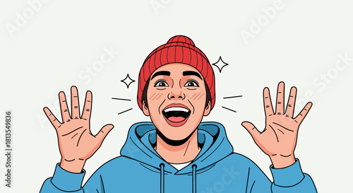 Excited person with open mouth and hands up wearing a red beanie and blue hoodie.