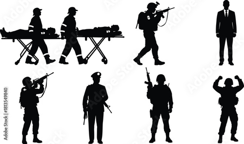Diverse Professional Silhouettes Vector Set Including Military Soldiers, First Responders Carrying Stretcher, and Businessman, Representing Emergency Services and Authority Figures.