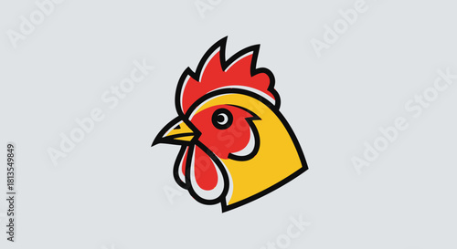 Stylized rooster head with red comb and yellow face on gray background.