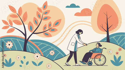 Soft peach–blue 3D floral data-wave pattern in psychologist  and outdoor park session for anxiety relief