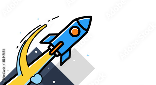 Illustration of a blue rocket ship launching into space with yellow flames.