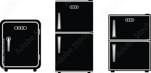 Set of retro and vintage style black refrigerators vector icon collection showing large and small household kitchen appliances.