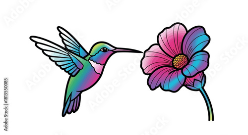 Colorful hummingbird flying near a pink and blue flower.