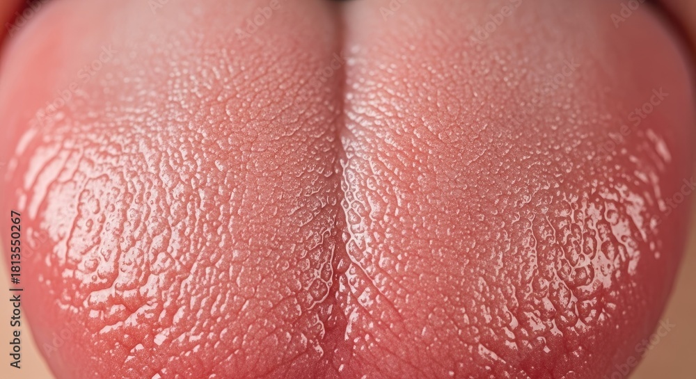 Fototapeta premium Close up of Tongue Surface Showing Papillae with Taste Buds and Texture Healthy Pink Organ for Taste and Speech with Detailed Ridges and Moist Surface for Sensation of Food