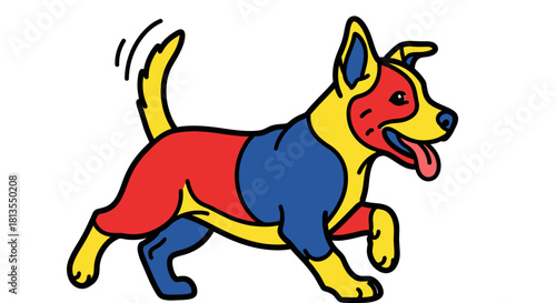Cartoon dog with red, yellow, and blue patches running.