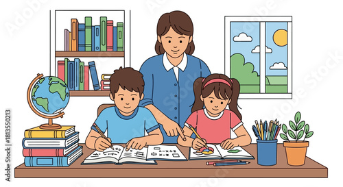 Teacher helping students with their homework at a desk.