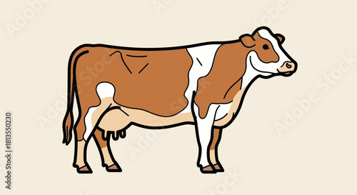 Illustration of a brown and white cow standing on a beige background.