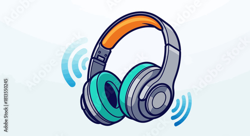 Illustration of headphones with sound waves emanating from them, on a light blue background.