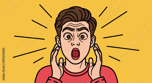 Cartoon man with shocked expression, mouth open, eyes wide, on yellow background.