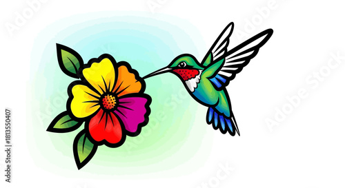 Illustration of a hummingbird feeding on nectar from a colorful flower.