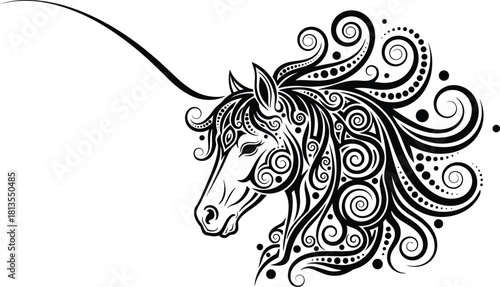 Magical Unicorn Horse Head in Intricate Black and White Stylized Tribal Ornamentation with Swirls and Dots, Elegant Fantasy Vector Tattoo Design Isolated on White Background.