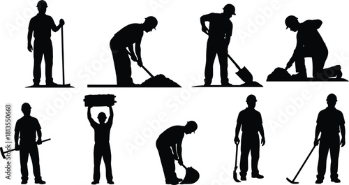 Collection of Construction Worker Silhouettes Vector Set Performing Manual Labor, Including Digging, Shoveling, and Carrying Materials, Representing Hard Work and Building.