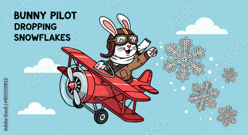 Cartoon bunny pilot wearing a helmet and scarf flies a red biplane, dropping snowflakes from the sky against a blue background with clouds.