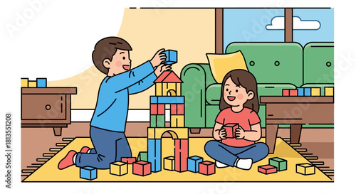 Two children playing with building blocks, constructing a tower in a cozy living room setting.