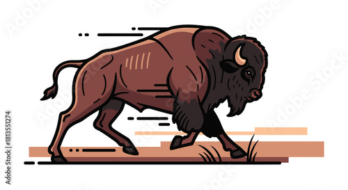 Illustration of a brown bison running across a tan colored ground.