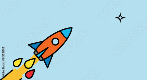 Illustration of a rocket ship flying towards a star on a blue background.
