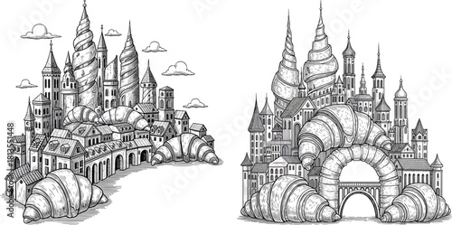 Engraved Croissant Cityscape Vector Set Featuring Vintage Architectural Pastry Buildings in Detailed Monochrome Style