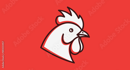 Stylized white chicken head with red outline on a red background.