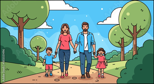Family walking in a park on a sunny day, holding hands.