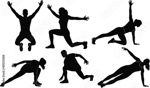 WebCollection of Dynamic Fitness Exercise Silhouettes Vector Set of Men and Women Performing Workouts, Including Jumps, Lunges, and Planks, for Health and Training Designs.