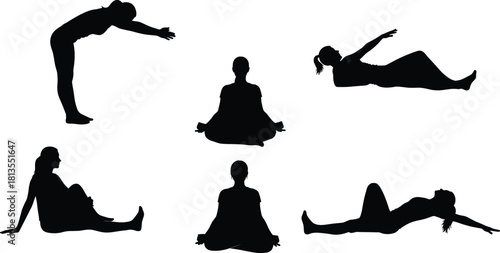 Collection of Female Yoga Silhouettes Vector Set in Various Meditation and Stretching Poses, Representing Wellness, Inner Peace, Mindfulness, and Exercise Activity.