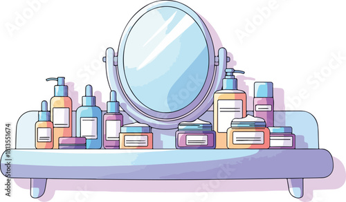 An illustration of various cosmetic products on a shelf with a mirror.