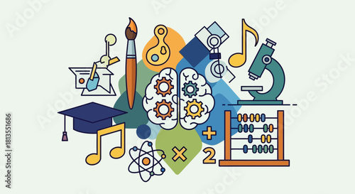Illustration of education and learning with symbols for science, math, art, and music.