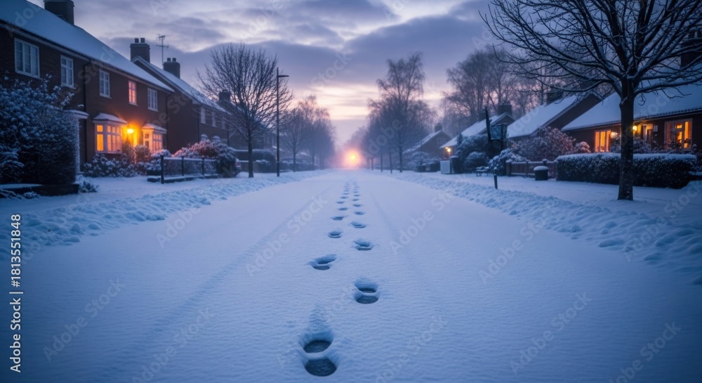 Fototapeta premium Snowy Street Scene - Footprints in the Snow Leading Towards the Horizon at Dusk.