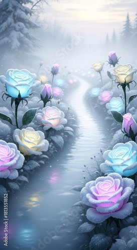 Enchanting Floral Path - A Dreamy Landscape of Glowing Roses in a Misty Garden.