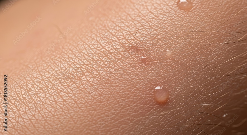 Fototapeta premium Close Up of Human Skin Texture with Water Drops Sweat Glands on Surface Human Skin Anatomy Biological Model Skin Health Dermatology Sweat Secretion Healthcare