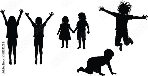 Collection of Happy Children Silhouettes Vector Set in Playful Poses, Including Jumping, Waving Hands, Crawling, and Holding Hands, Representing Childhood Fun.