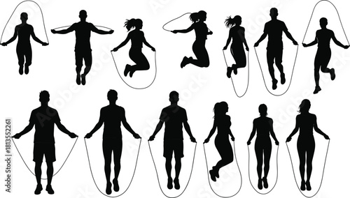 Collection of Jump Rope Silhouettes Vector Set of Men and Women Performing Dynamic Cardio Workouts, Highlighting Fitness, Training, and Active Lifestyle Actions.